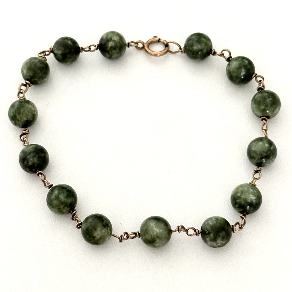 Vintage 14K Solid Yellow Gold Genuine Nephrite Jade Bead Ball Bracelet 6.75"